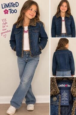 Limited Too Girls L Denim Jacket Faux Fur Collar And Quilted Interior Lining Y2K